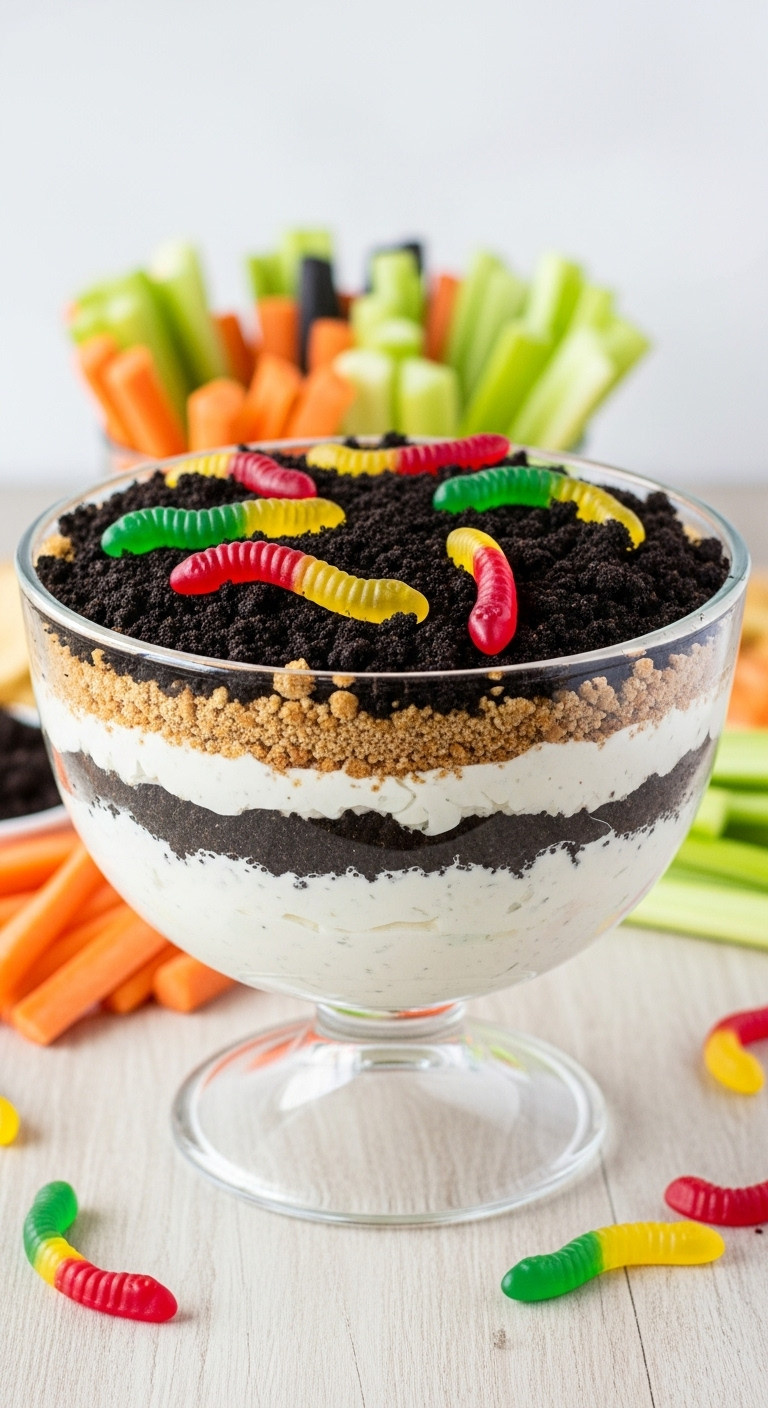 Spooky Halloween 'Ranch Dirt Dip' With Creamy Ranch, Pumpernickel 'Dirt', And Gummy Worms In A Glass Trifle Bowl.