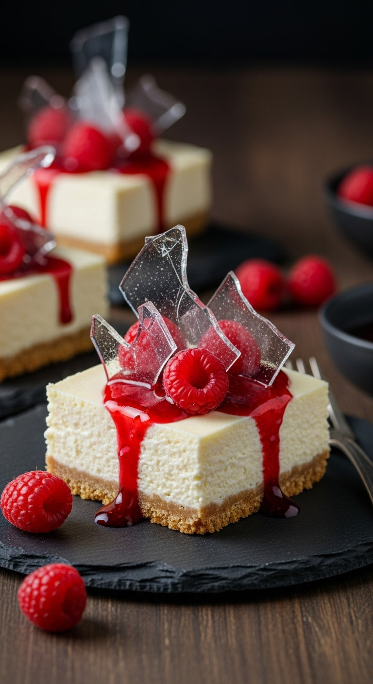 Spooky Halloween Cheesecake Bar With 'Broken Glass' Sugar Candy And Vibrant Raspberry 'Blood' Sauce On A Dark Slate Plate.
