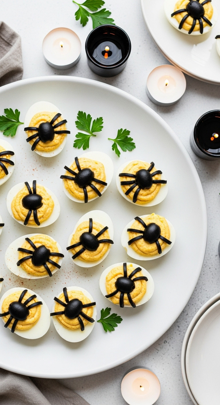 Spooky Halloween Deviled Spider Eggs On A White Platter. Creamy, Perfectly Piped, With Black Olive Spiders, Ideal Party Appetizer.