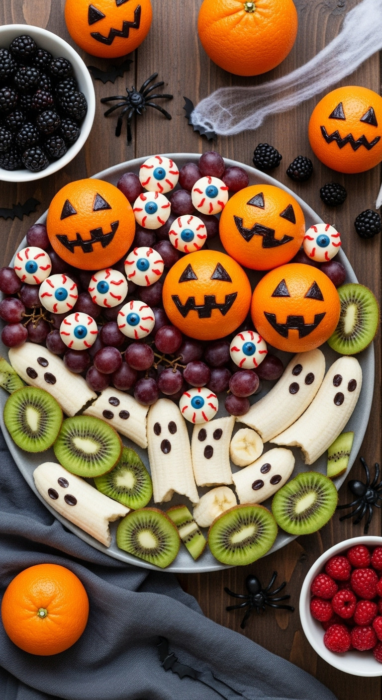 Spooky Halloween Fruit Platter With Jack-O'-Lantern Oranges Eyeball Grapes Banana Ghosts And Kiwi Bats On A Dark Wooden Table
