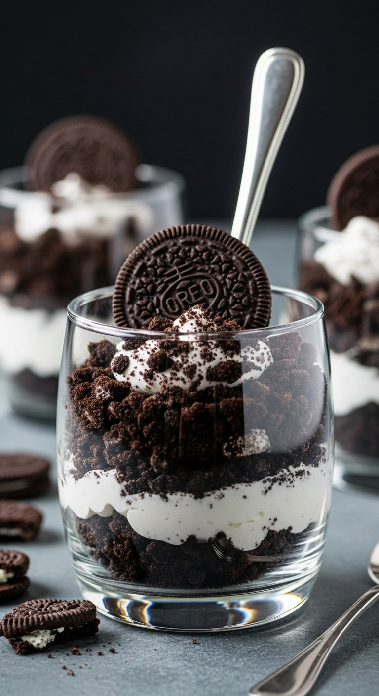 Spooky Halloween Graveyard Dirt Cup In A Glass Tumbler With Layers Of Crushed Oreos, Cream, Gummy Worms.