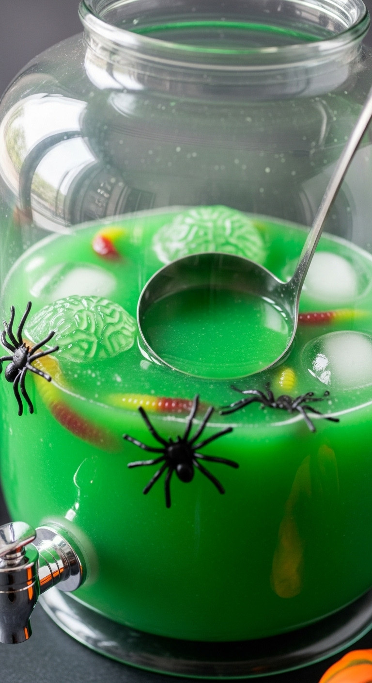 Spooky Halloween Green Slime Punch In A Dispenser, With Gummy Worms, Skull Ice Cubes, And A Ladle.