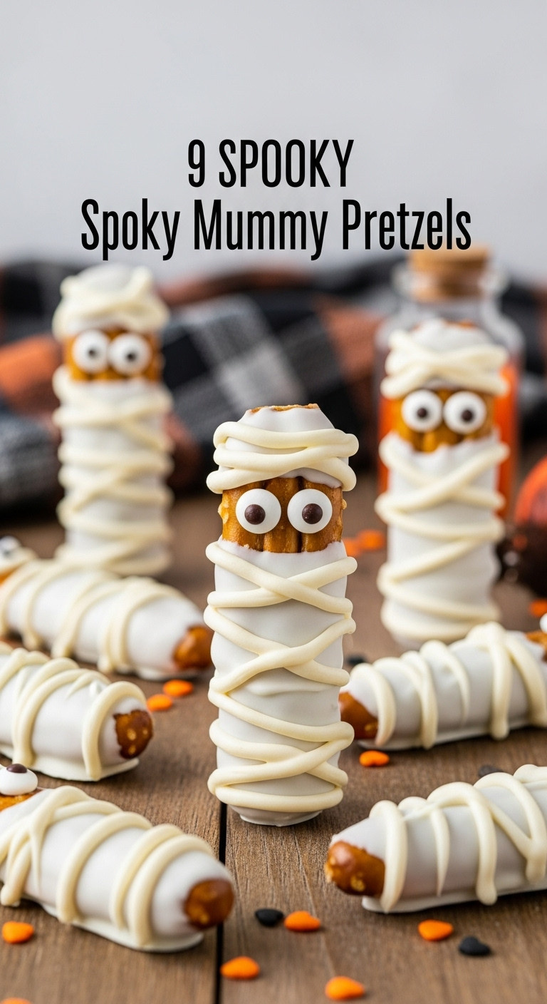 Spooky Halloween Mummy Pretzels: White Chocolate-Dipped Pretzel Rods With Candy Eyes, Drizzled Bandages, On A Rustic Table With Fall Sprinkles.