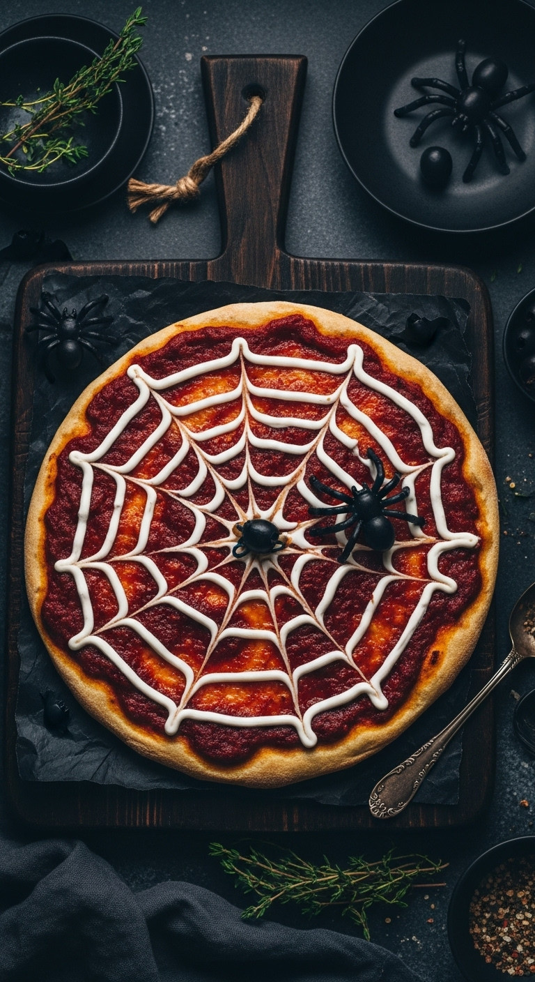Spooky Halloween Spider Web Pizza With Red Sauce, White Web, Olive Spider On A Dark Rustic Board, Creepy Halloween Props.