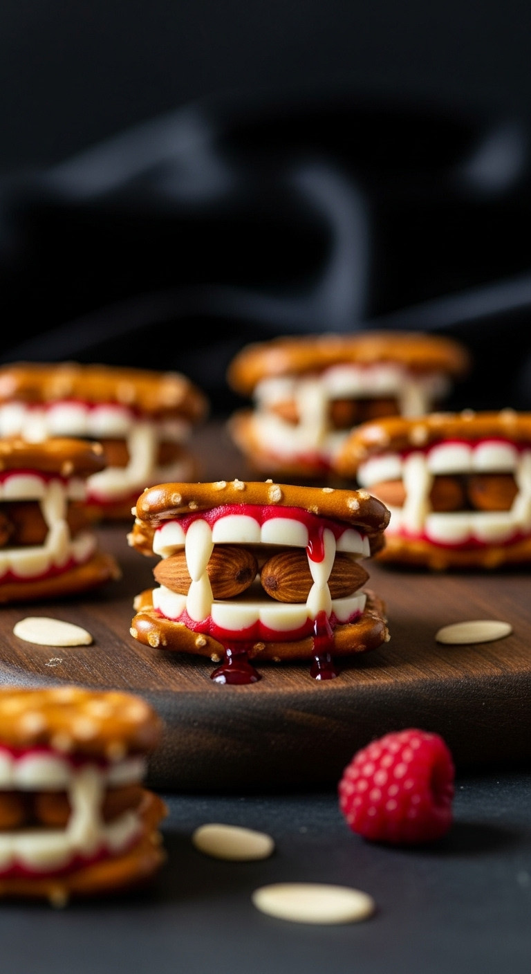 Spooky Halloween Vampire Teeth Pretzel Bites: Red Chocolate Gums, Almond Fangs, Blood Drip On Dark Wood With Velvet.