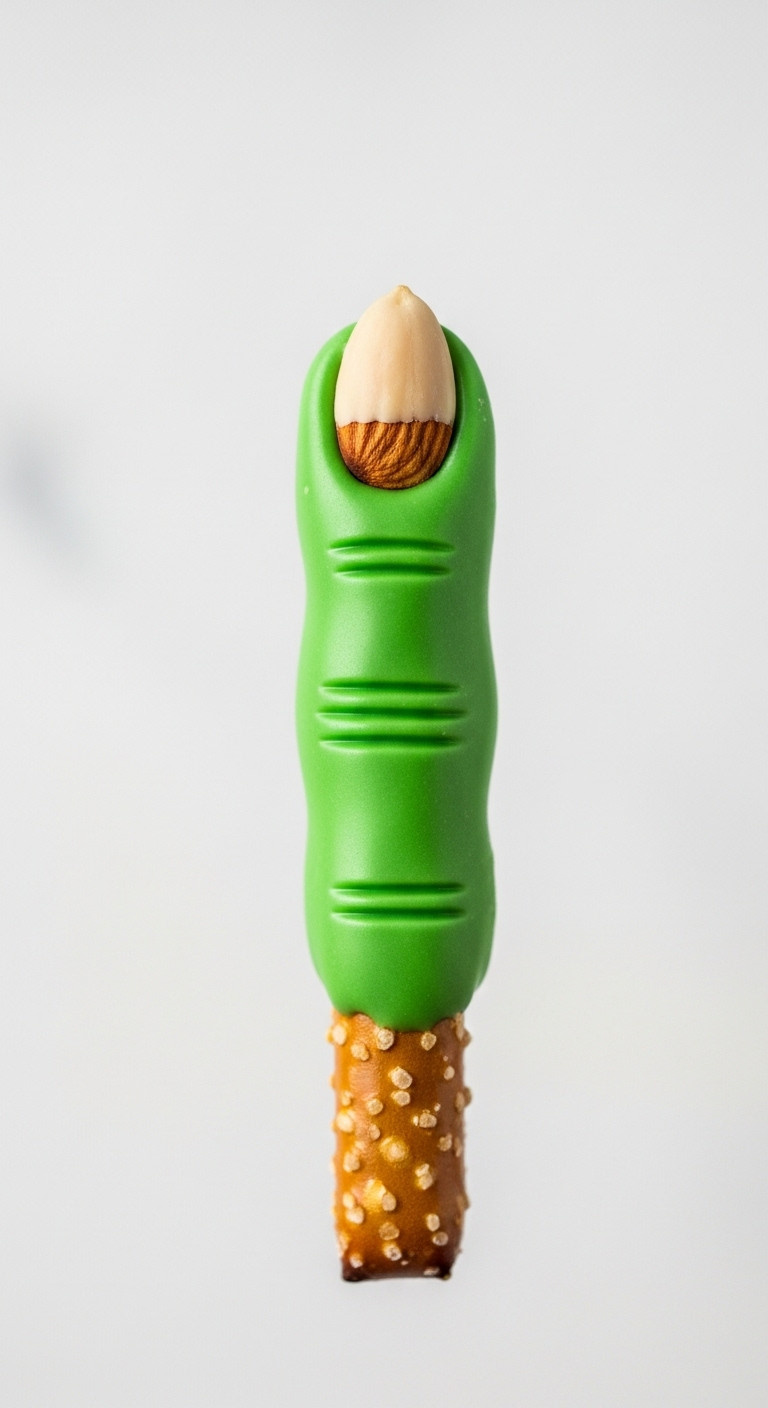 Spooky Halloween Wicked Witch Finger Pretzel Rod, Vibrant Green Candy Melts, Knuckle Lines, Almond Fingernail.