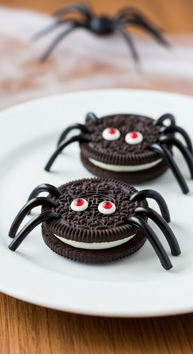 Spooky Oreo Spiders With Black Licorice Legs And Red Candy Eyes, Artfully Arranged On A White Plate For Halloween.
