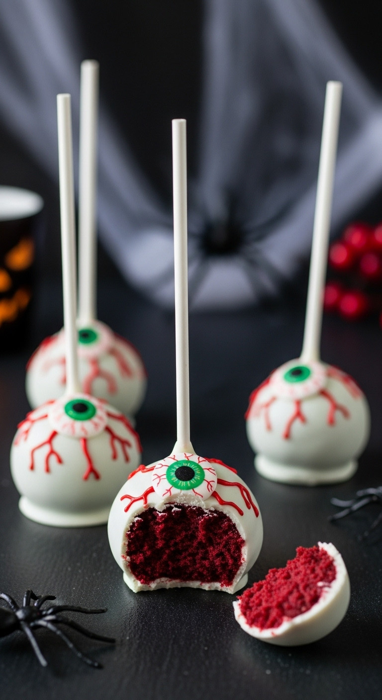 Spooky Red Velvet Eyeball Cake Pops With Bloodshot Veins And A Bite Taken Out On A Black Reflective Surface