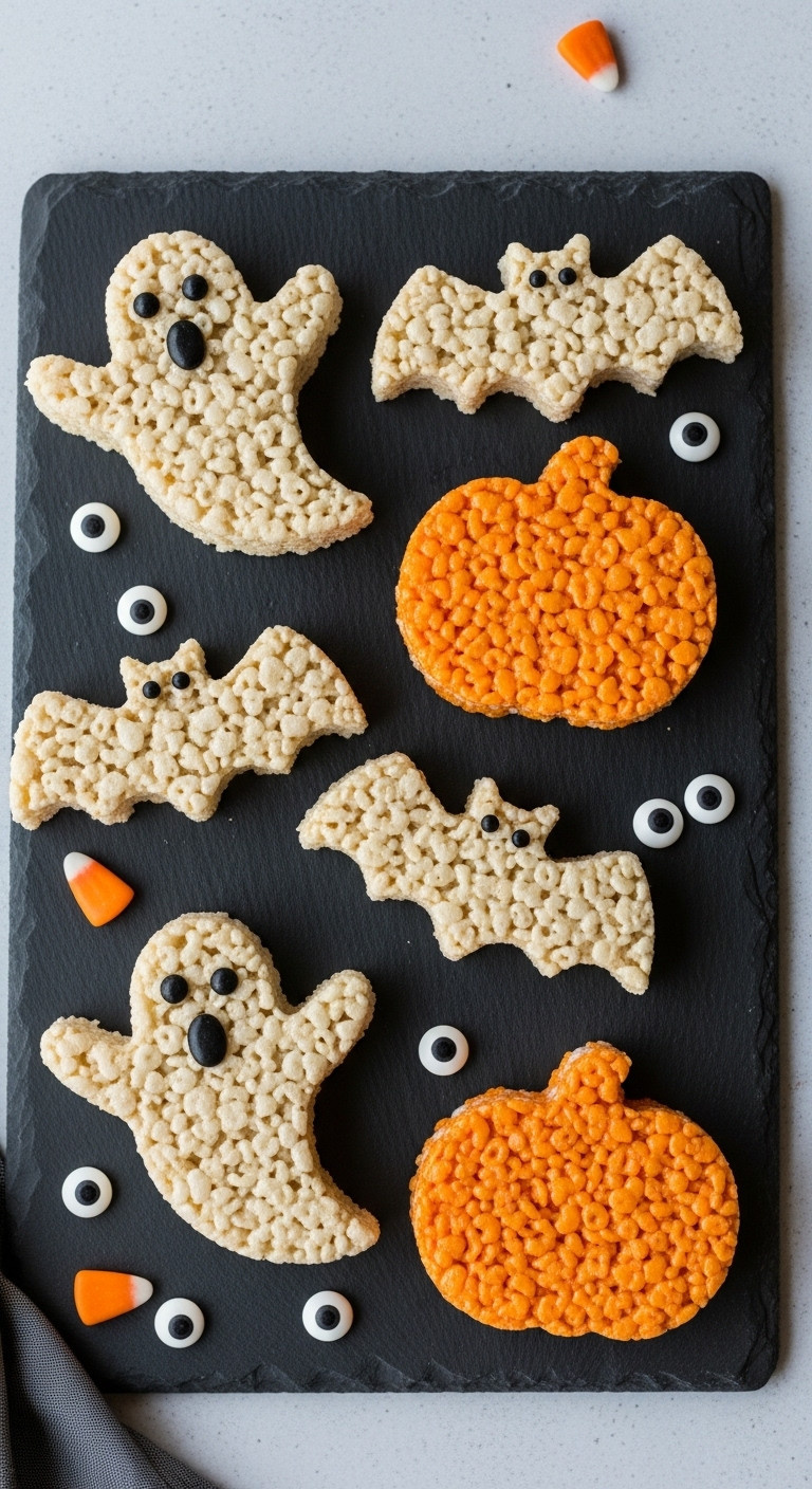 Spooky Shaped Rice Krispie Treats In Ghost Bat And Pumpkin Shapes On A Slate Platter