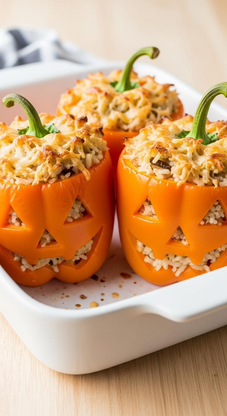 Spooky Shredded Chicken Stuffed Peppers Carved With Jack-O'-Lantern Faces In A Baking Dish On A Wooden Tabletop
