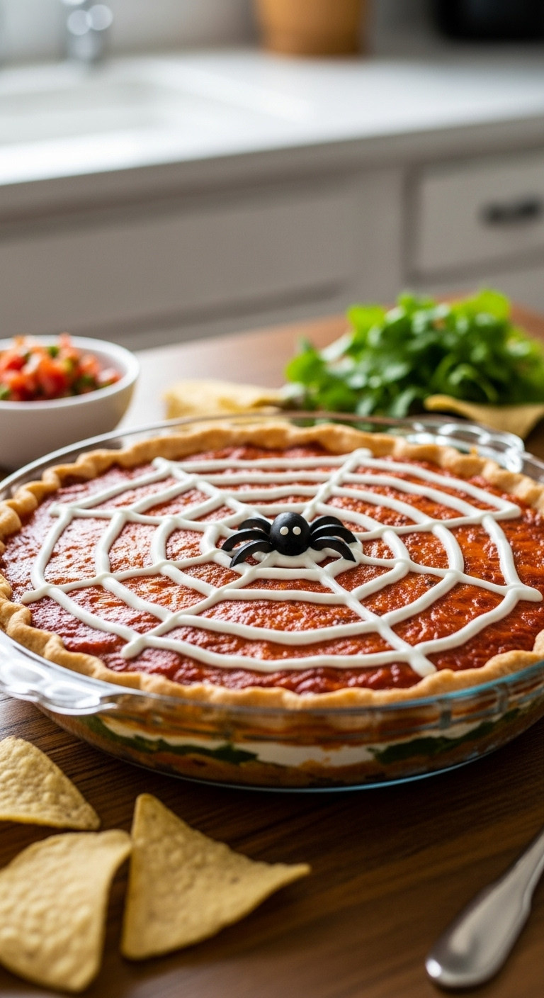 Spooky Spiderweb Taco Dip With Colorful Layers A Sour Cream Web And Black Olive Spider