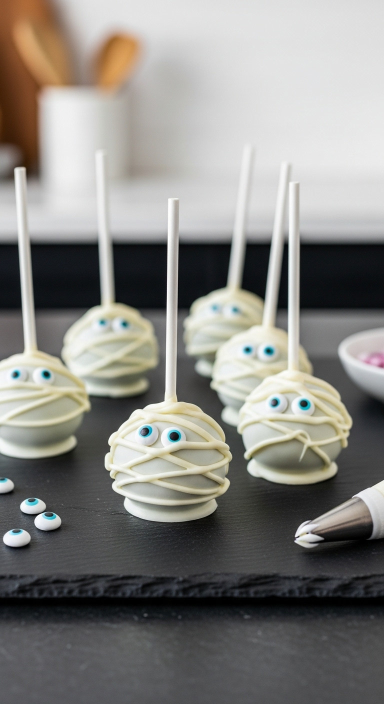 Spooky Sweet Mummy Cake Pops With Candy Eyeballs And White Bandages On A Dark Slate Surface