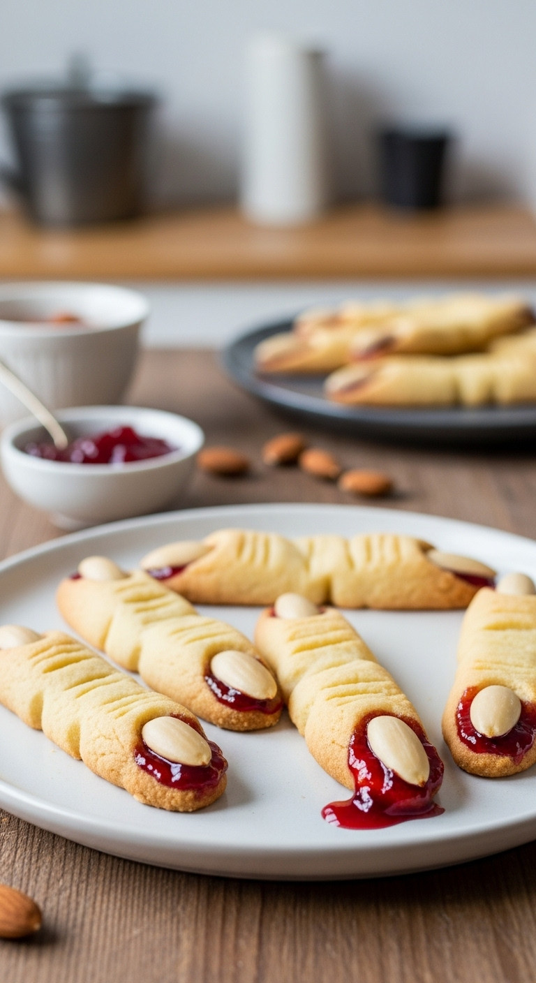 Spooky Witch Finger Cookies Halloween Recipe Photography On Rustic Wood With Jam And Almonds