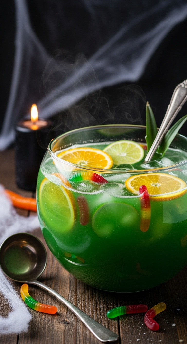 Spooky Witches' Brew Halloween Punch, Green And Bubbling In A Glass Bowl With Orange Slices, Gummy Worms, And Mist On A Rustic Table.