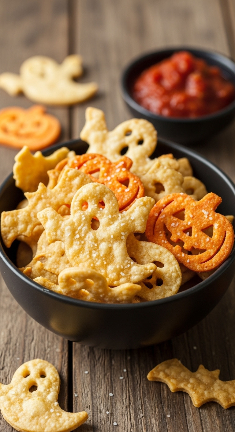 Spooky Baked Halloween Chips Cut Into Ghost Bat And Pumpkin Shapes In A Black Ceramic Bowl