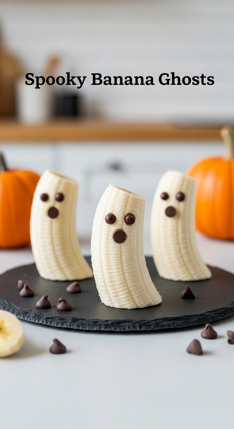 Spooky Banana Ghosts With Chocolate Chip Eyes And Mouths On A Dark Slate Platter For Easy Healthy Halloween Toddler Recipes