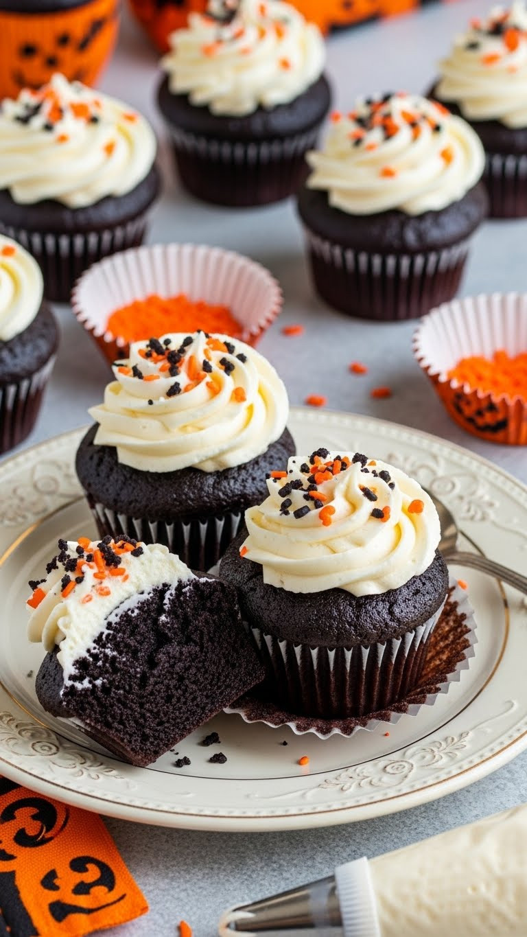Spooky Black Velvet Cupcakes On Vintage Ceramic Plate