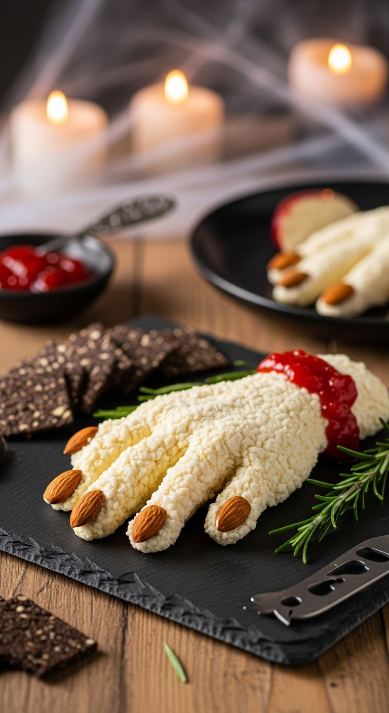 Spooky Cheese Ball Hand With Almond Nails, Red Pepper Jelly On Dark Slate Platter, Crackers, Rosemary, Blurred Halloween Party Backdrop.