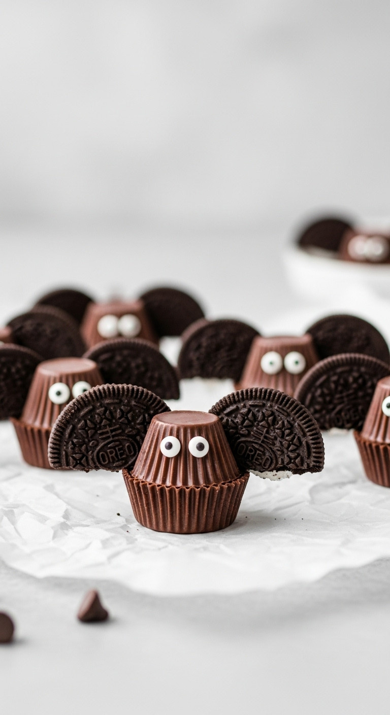 Spooky Cute Oreo Bat Bites With Reese's Peanut Butter Cup Bodies Oreo Wings And Candy Eyes On Parchment Paper