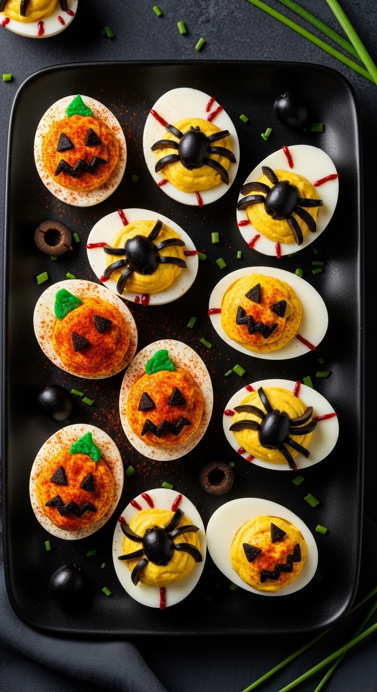 Spooky Deviled Eggs With Pumpkin Faces Olive Spiders And Sriracha Veins On A Black Platter With Chives And Olives