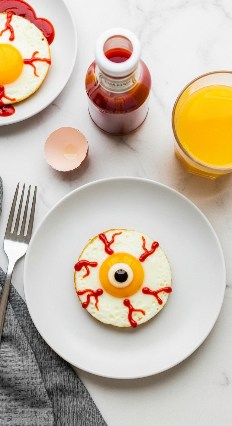 Spooky Eyeball Egg In A Hole With Yellow Yolk Black Food Coloring Pupil And Ketchup Veins On A White Plate