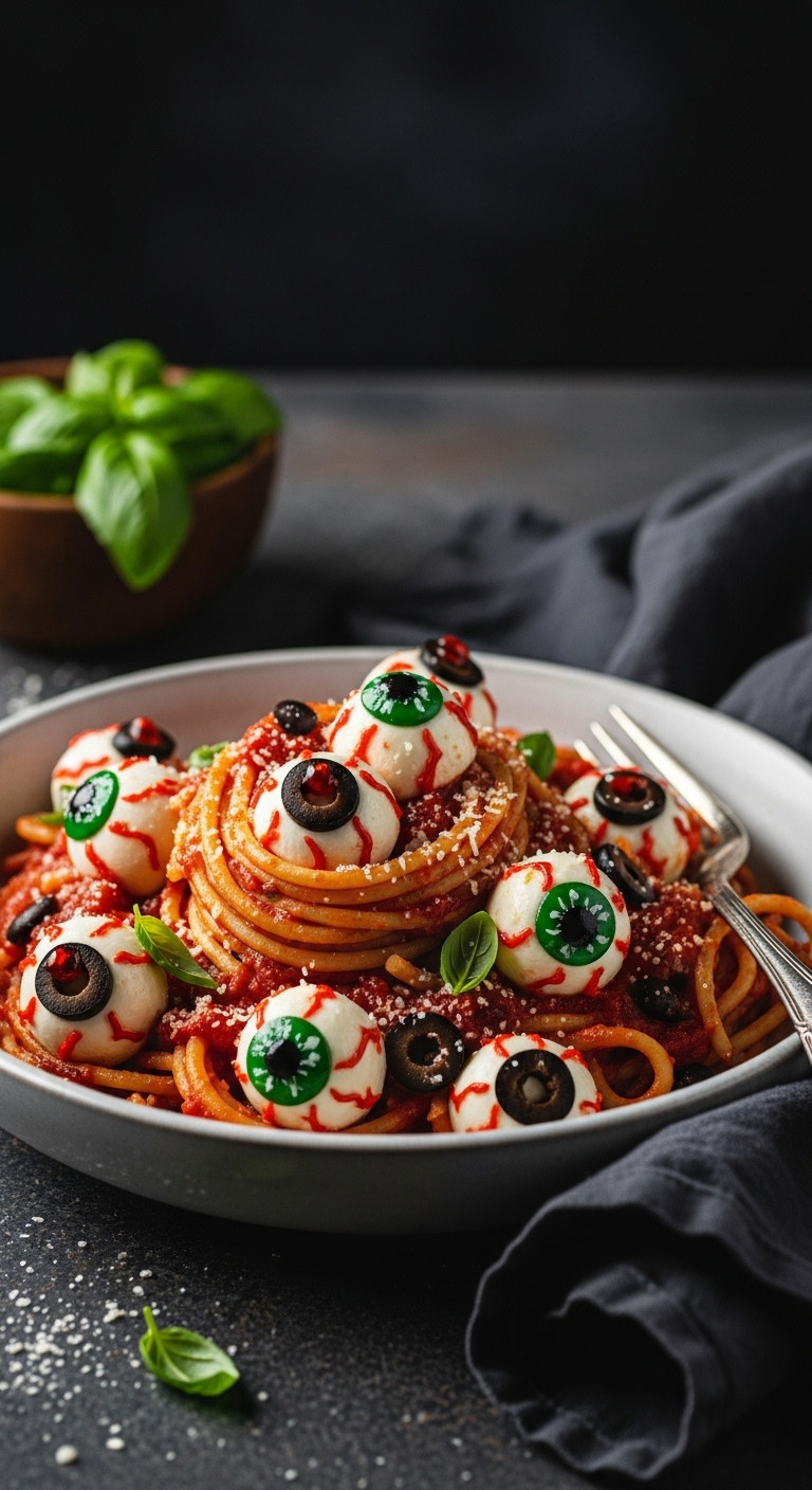 Spooky Eyeball Pasta With Black Bean Spaghetti, Red Marinara, And Vegan Mozzarella Eyeballs. Halloween Dish.