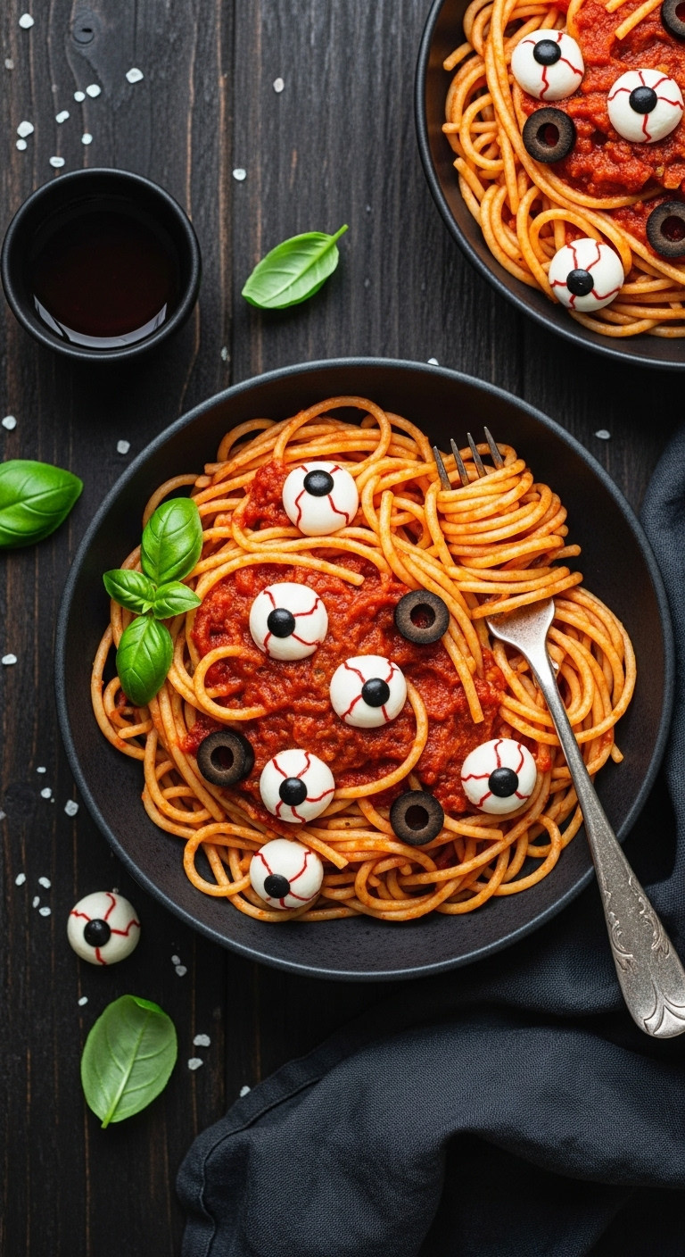 Spooky Eyeball Pasta With Mozzarella And Black Olive Eyeballs In Marinara Sauce In A Dark Rustic Bowl