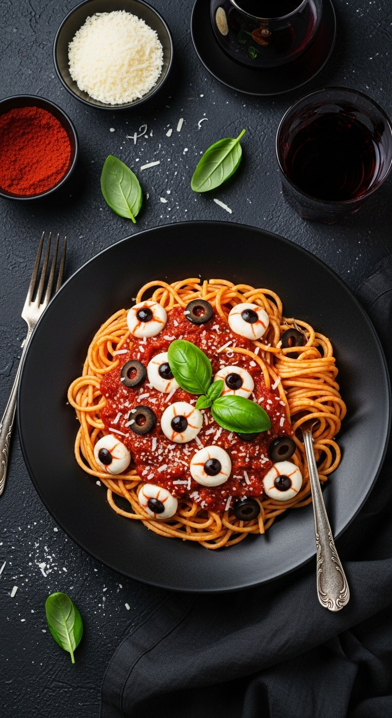 Spooky Eyeball Pasta With Mozzarella And Olive Eyes In Red Marinara Sauce For Halloween Dinner