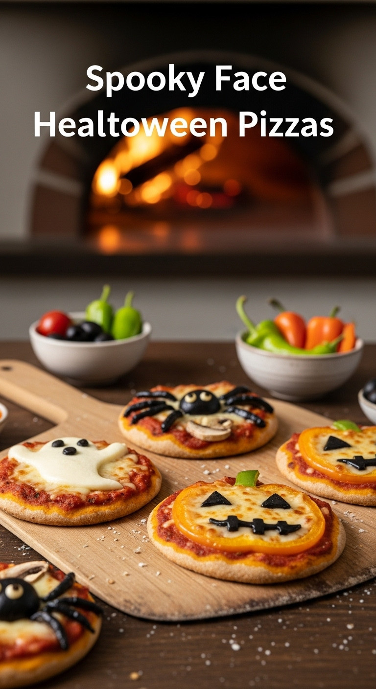 Spooky Face Healthy Halloween Pizzas With Mozzarella Ghosts Olive Spiders And Bell Pepper Jack O Lanterns