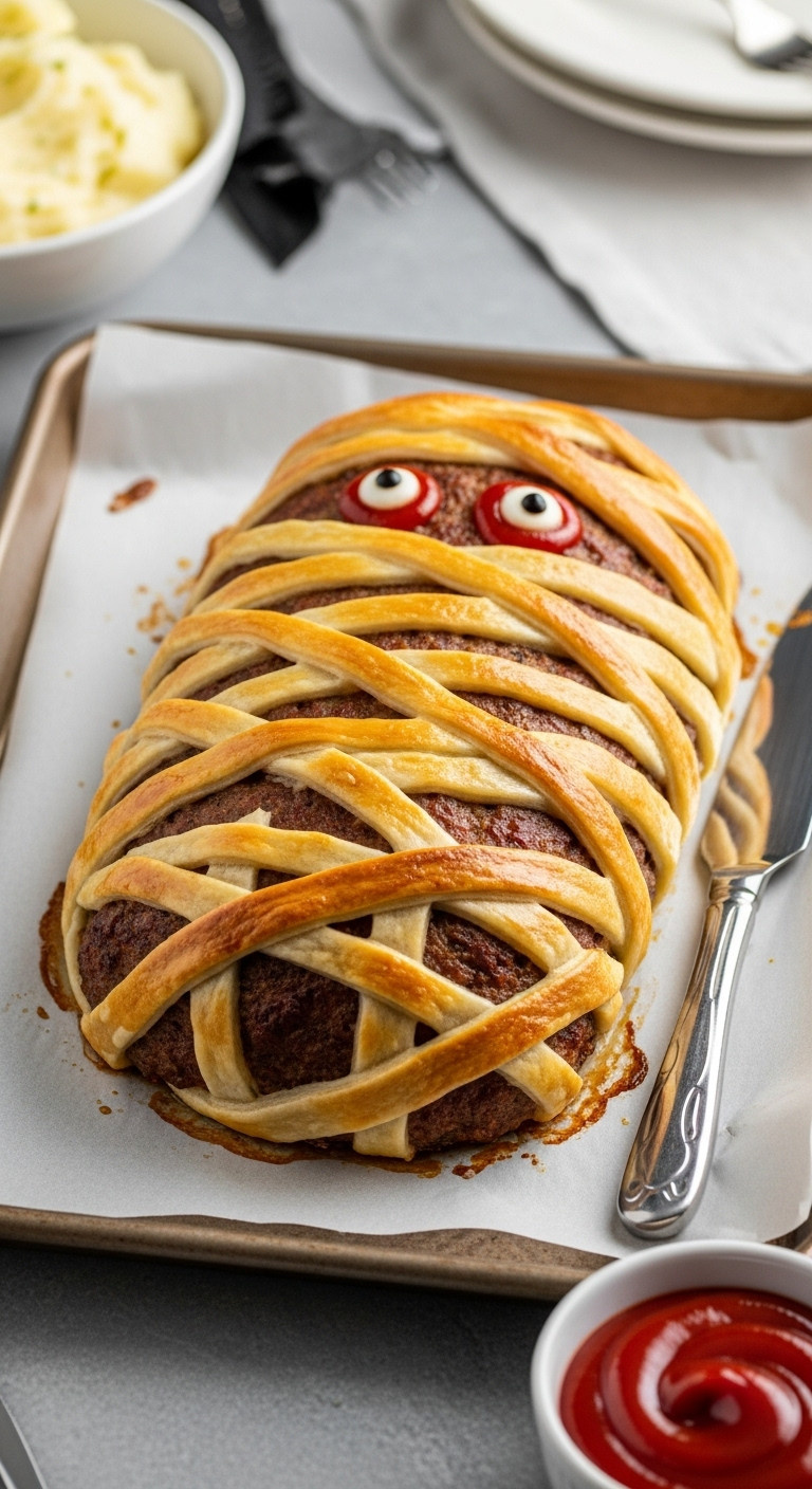 Spooky Family Halloween Dinner Mummy Meatloaf With Pastry Bandages And Ketchup Eyes On A Baking Sheet With Mashed Potatoes