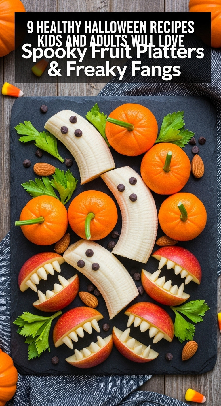 Spooky Fruit Platter With Banana Ghosts Clementine Pumpkins And Apple Monster Fangs On A Dark Slate Platter