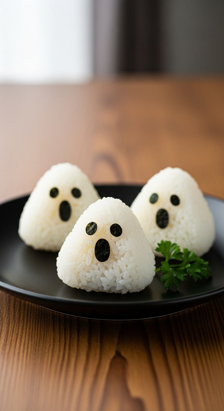 Spooky Ghost Onigiri Rice Balls With Nori Seaweed Faces On A Black Ceramic Plate Perfect For Japanese Halloween Recipes