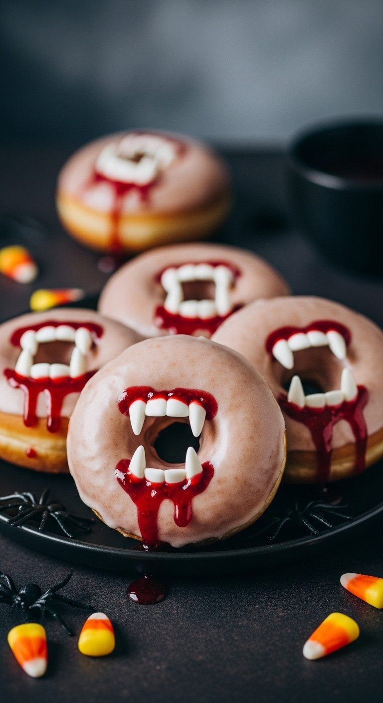 Spooky Glazed Vampire Bite Donuts With Candy Fangs And Red Jam &Quot;Blood&Quot; On A Dark Platter, Halloween.