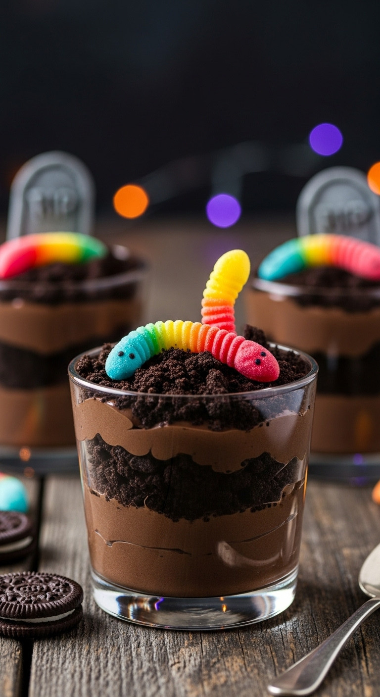 Spooky Gluten-Free Halloween Dirt Cups With Gummy Worms And Chocolate Cookie Dirt On Dark Wood