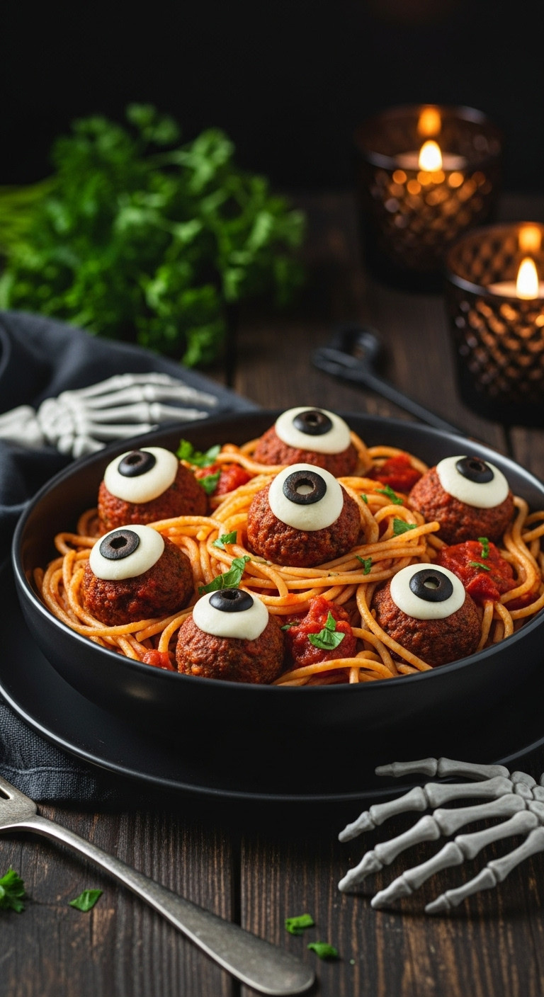 Spooky Gluten-Free Spaghetti And Eyeballs In A Matte Black Bowl With Halloween Decor