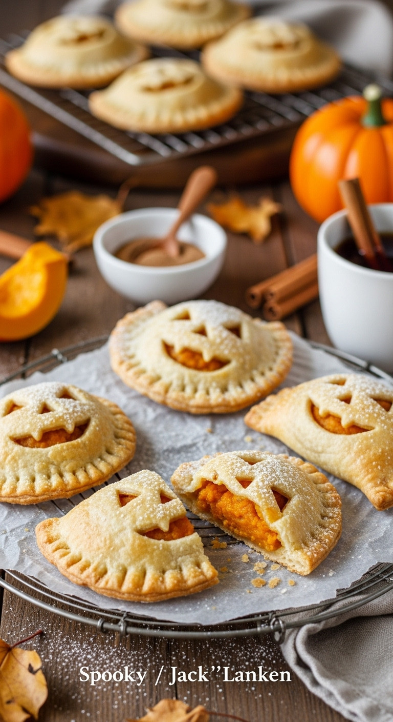 Spooky Golden-Brown Jack-O'-Lantern Empanadas, Pumpkin Filling, Powdered Sugar, Cooling Rack, Autumn Leaves.