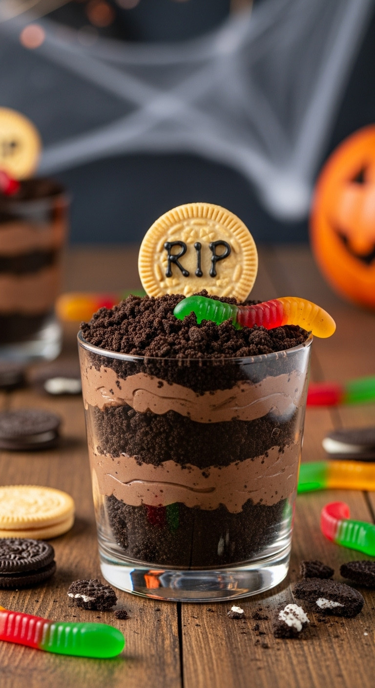 Spooky Graveyard Dirt Cup With Chocolate Pudding, Oreo &Quot;Dirt&Quot;, Gummy Worm, Milano &Quot;Tombstone&Quot; On Rustic Wood, Halloween Party Dessert.