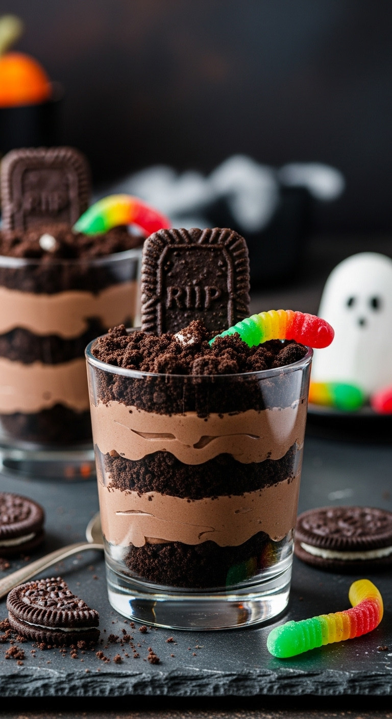 Spooky Graveyard Dirt Pudding Cup With Chocolate, Cookie Crumbs, Tombstone, And Gummy Worm On A Dark Stone Surface.