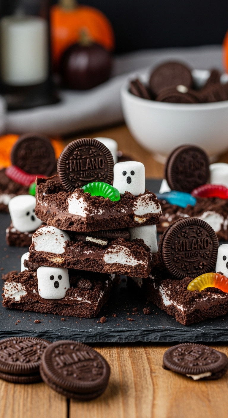 Spooky Graveyard Marshmallow Bark: Dark Chocolate, Marshmallow Ghosts, Cookie Dirt, Milano Tombstones, Gummy Worms. Halloween Treat.