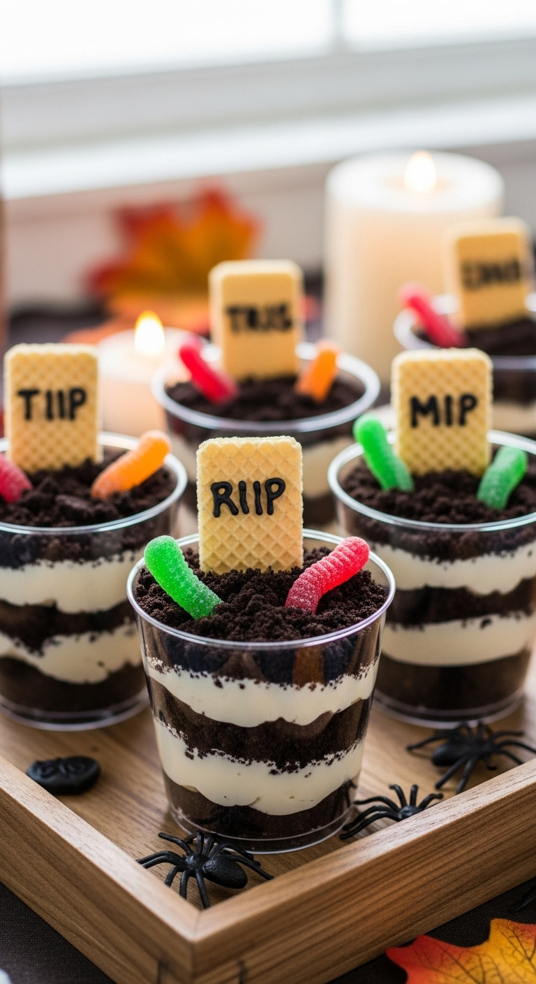 Spooky Graveyard Pudding Cups With Oreo Dirt, Tombstones, Gummy Worms On Rustic Tray, Fall Halloween Party.