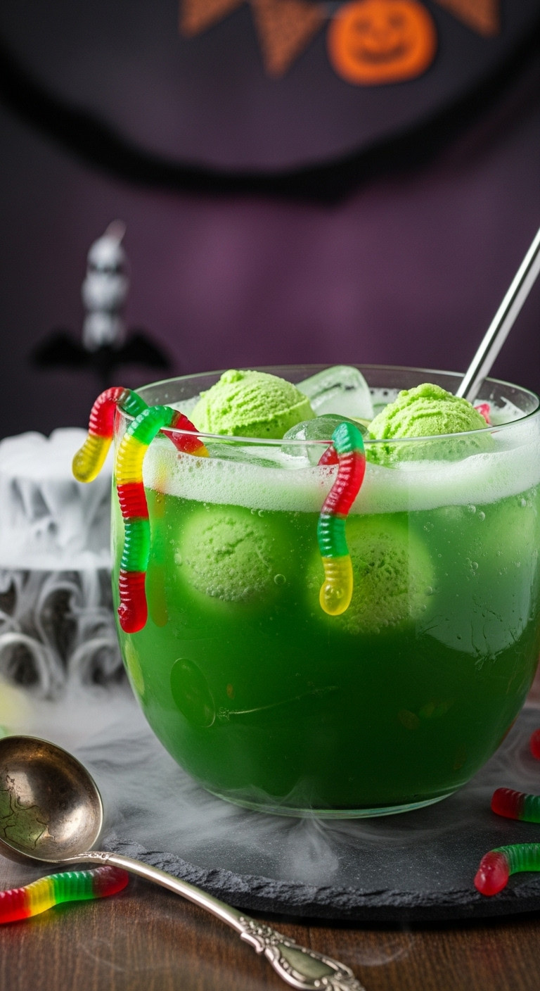 Spooky Green Halloween Punch With Lime Sherbet, Gummy Worms, Dry Ice Fog, And A Ladle In A Glass Punch Bowl.