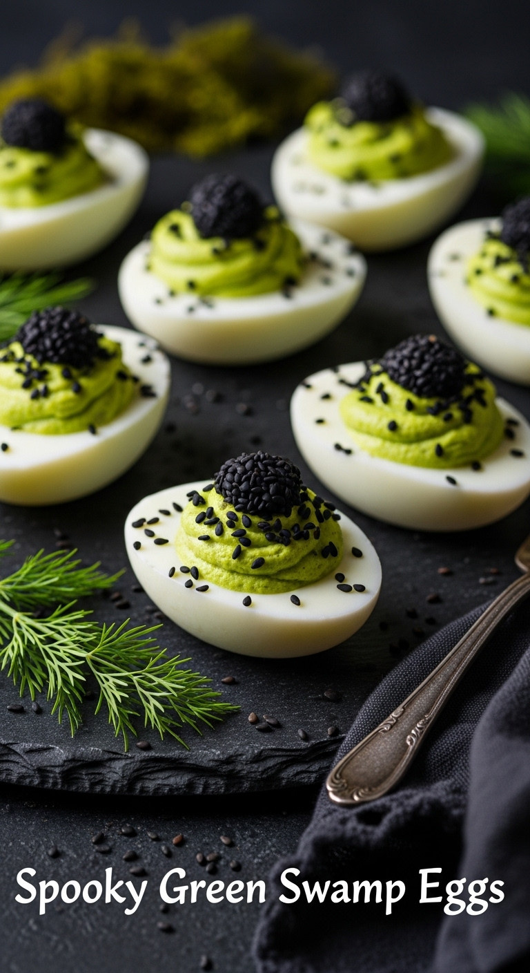 Spooky Green Swamp Deviled Eggs With Vibrant Green Yolk Filling And Black Sesame Seeds On Dark Stone