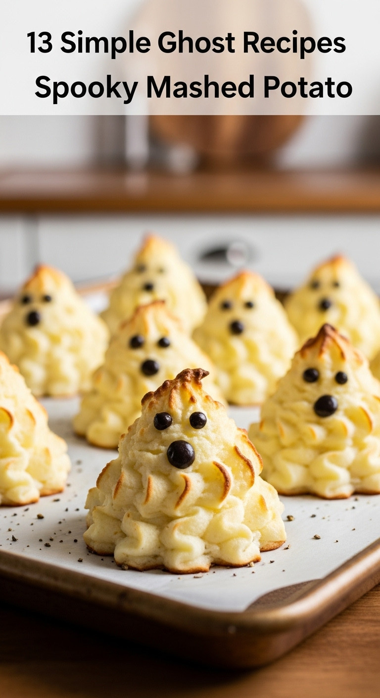 Spooky Mashed Potato Ghosts With Peppercorn Eyes On A Baking Sheet Just Out Of The Oven