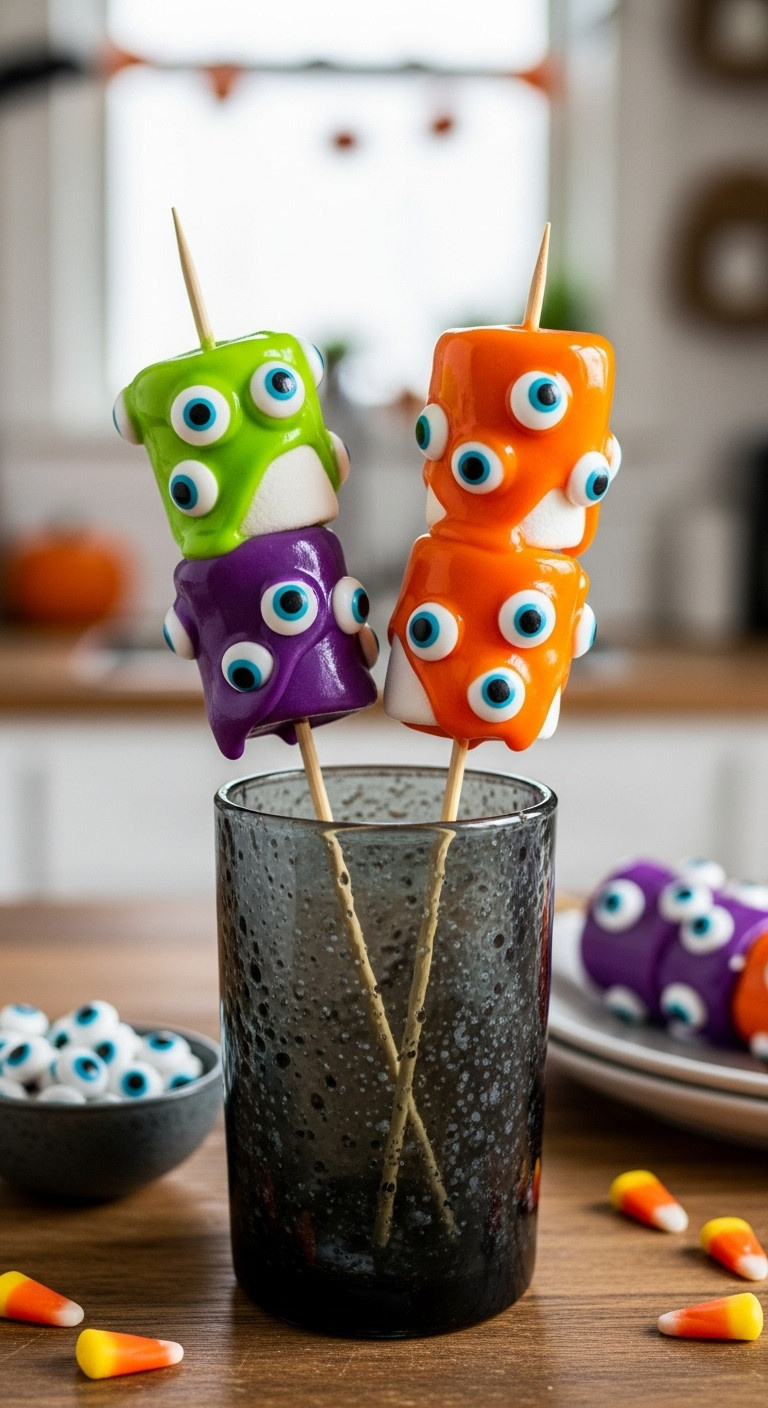 Spooky Monster Eyeball Marshmallow Skewers: Lime Green, Orange, Purple Candy Melts, Googly Eyes In Dark Glass. Halloween Party Treats On Rustic Table.