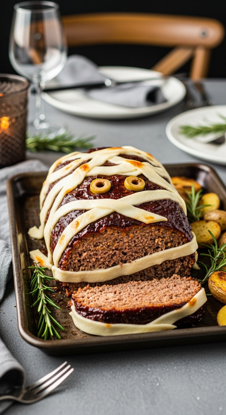Spooky Mummy Meatloaf With Melted Cheese Bandages And Olive Eyes On A Rustic Metal Baking Sheet