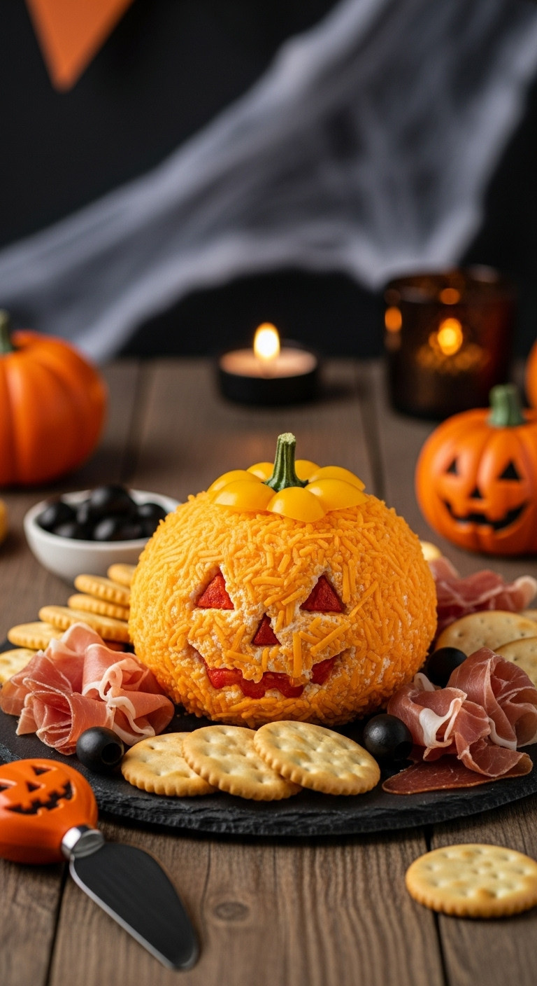Spooky Pumpkin Cheese Ball Appetizer With Cheddar Cheese Coating And Bell Pepper Stem On A Slate Charcuterie Board