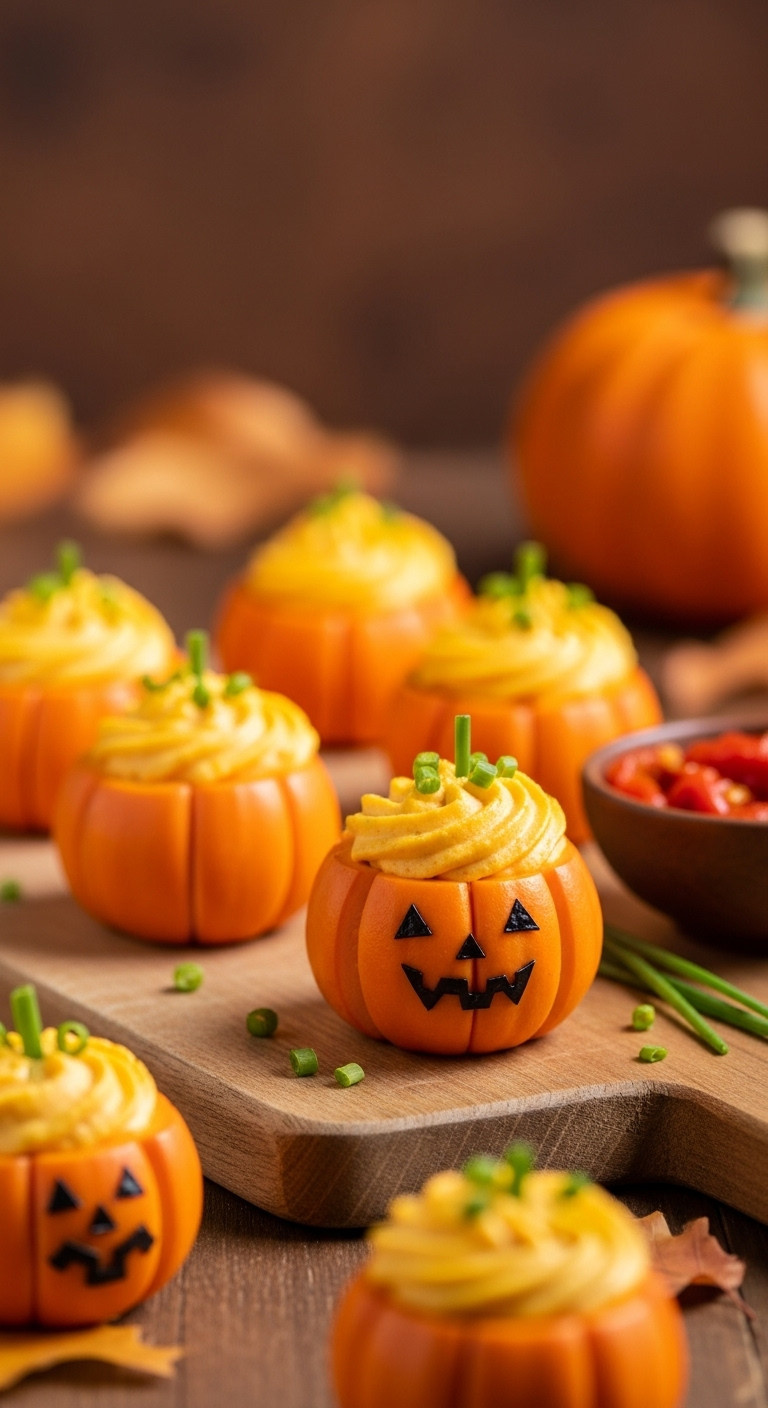 Spooky Pumpkin Deviled Eggs On A Rustic Wooden Cutting Board With Warm Autumn Lighting Perfect For Cozy Halloween Party Food