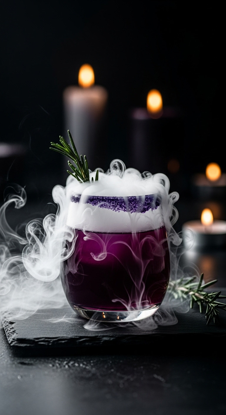 Spooky Purple Smoking Cocktail In Dark Stemless Glass, Thick White Fog. On Dark Slate With Rosemary Garnish And Blurred Candles.