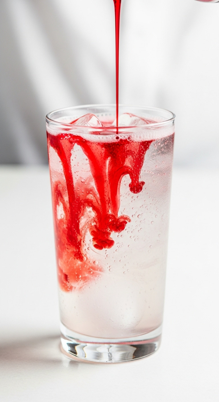 Spooky Red Raspberry Syrup Pouring Into Fizzy Drink With Ice, Blood-Like Swirls. Dramatic Halloween Cocktail.
