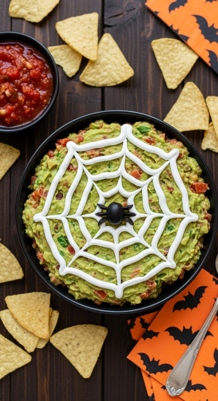 Spooky Savory Spider Web Dip With Sour Cream Web And Olive Spider, Surrounded By Tortilla Chips For A Halloween Party.
